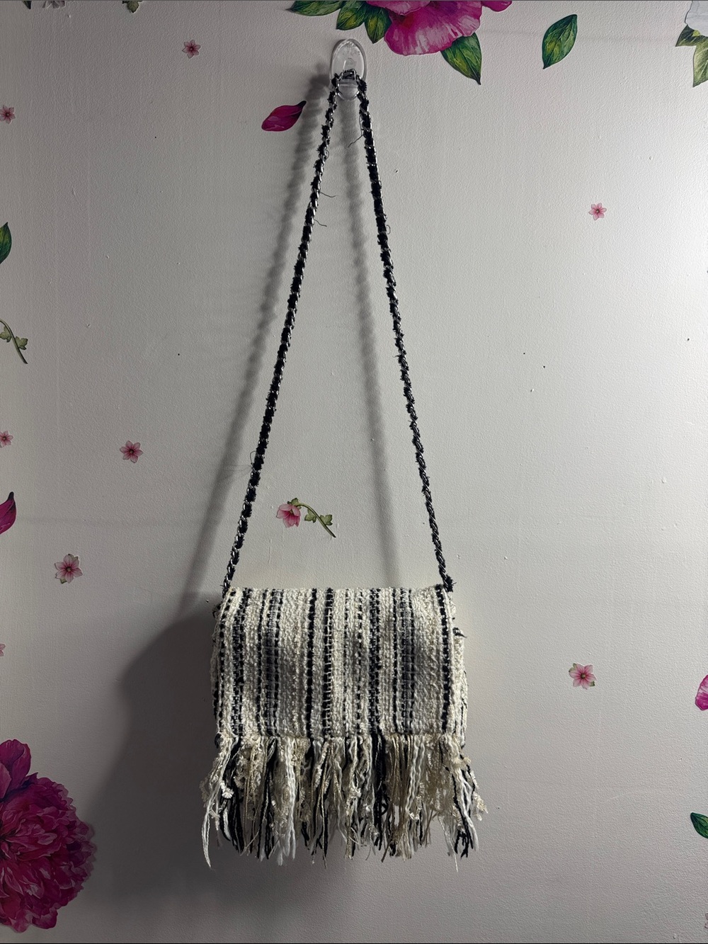 Zara Fringed Woven Tweed Crossbody Bag in Black & Cream